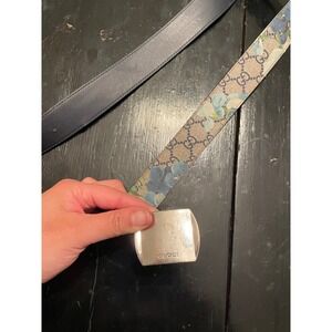 Gucci GG Supreme Blooms Blue Floral Belt 85 34 Silver Buckle 411924-  37 in long